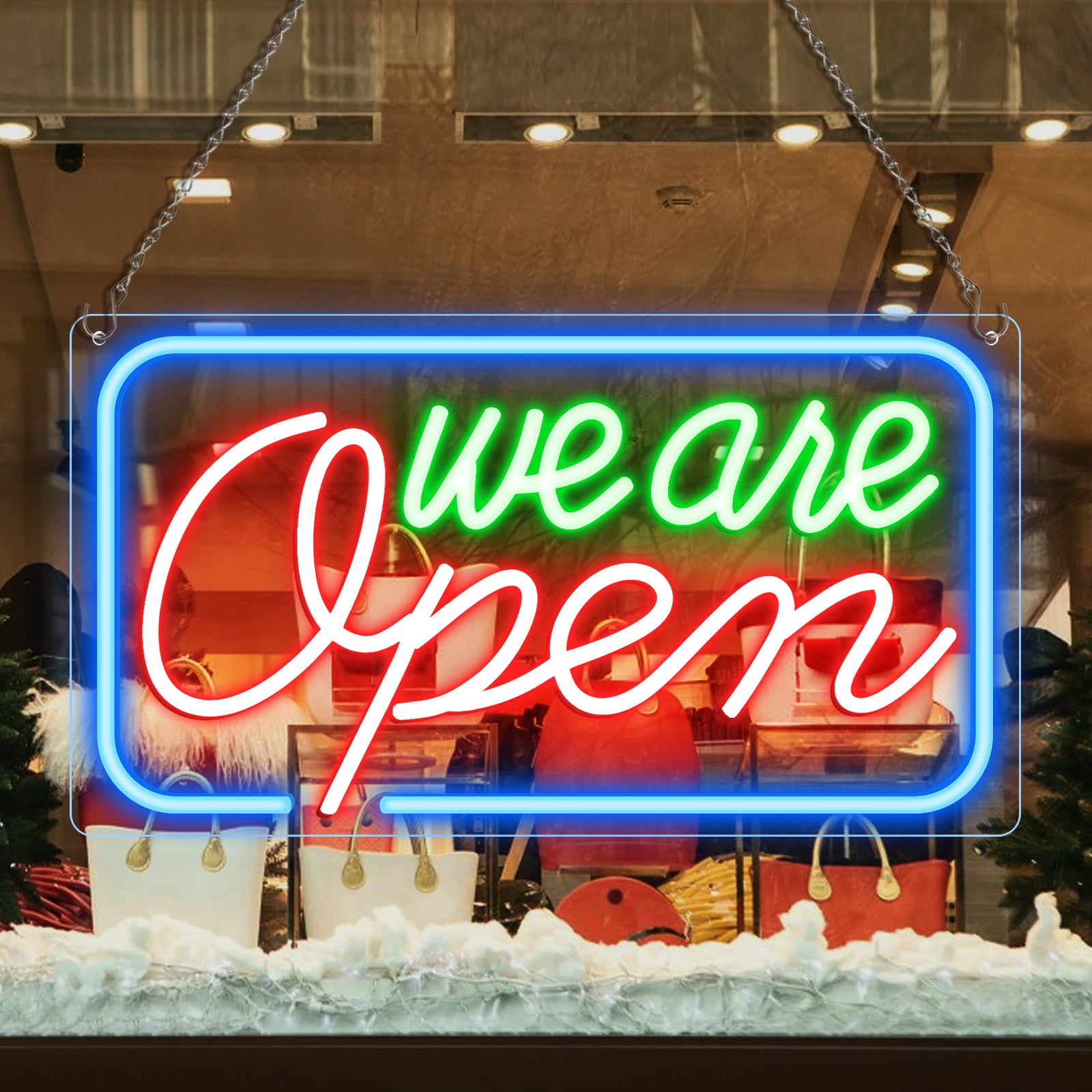 We Are Open Neon Sign – 5 Glow Color Options | 17×9 inch (42×23 cm) | Window Hanging | Plug & Play for Storefronts