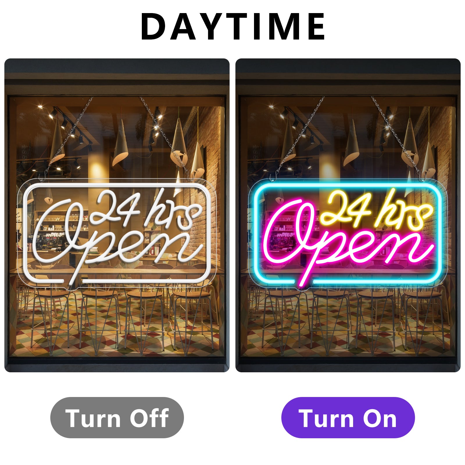 24hrs Open Neon Sign – Ice Blue, Yellow & Purple Glow | 16×9 inch (40×23 cm) | Window Hanging Light for 24 Hour Stores Plug & Play