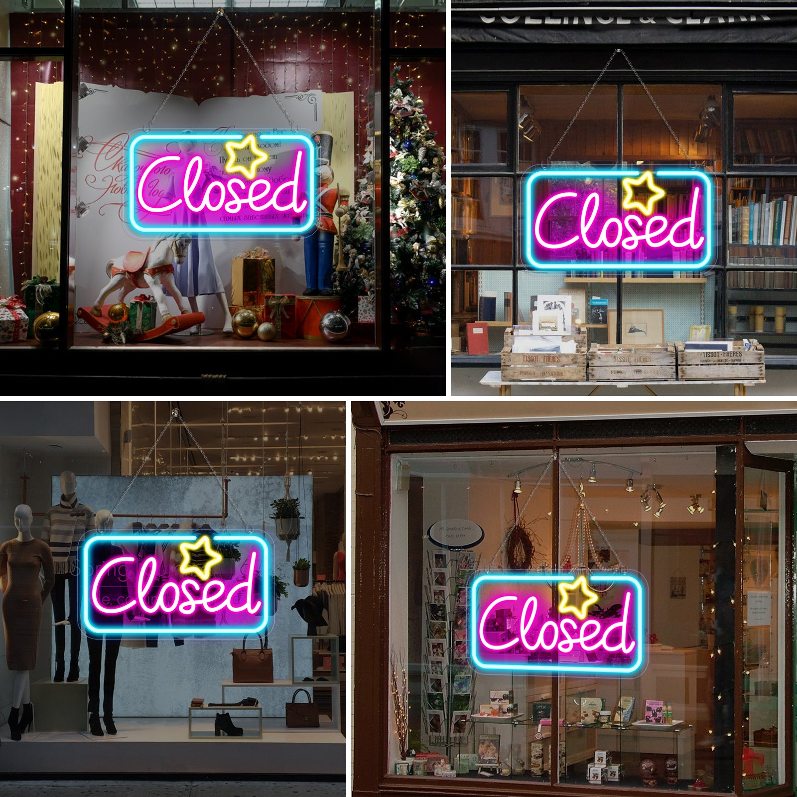 Closed Neon Sign – Ice Blue & Pink Glow + Yellow Star | 17×9 inch (42×23 cm) | Window Hanging  | Plug & Play for Storefronts