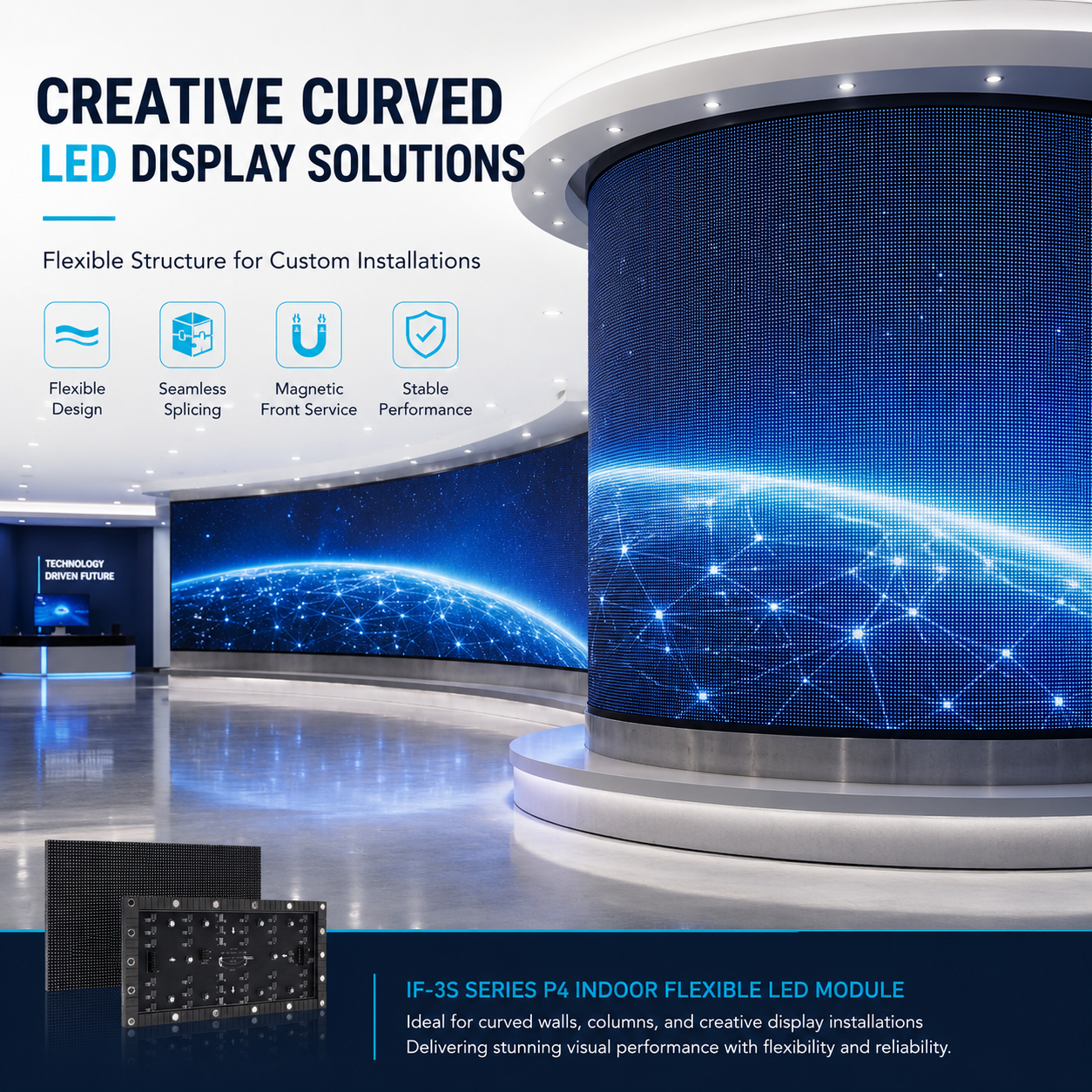 Module LED flexible d'intérieur série IF-3S – P4 | 320 × 160 mm | CMS | Coque arrière souple avec aimant | 600 nits 