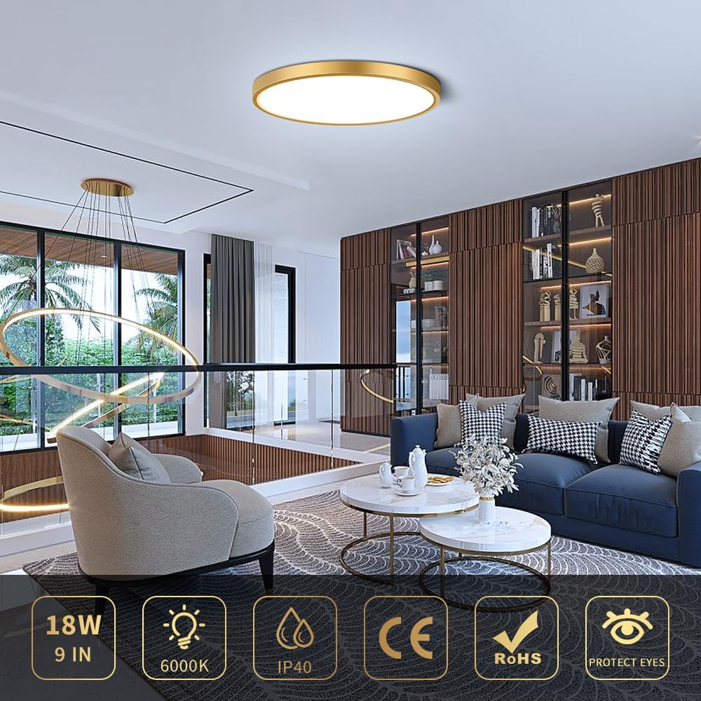 AC 110–130V Round LED Ceiling Light – Gold – 18W / 24W / 32W Options – 3000K / 4500K / 5000K / 6500K – Flush Mount Ceiling Light – Local Stock (US)