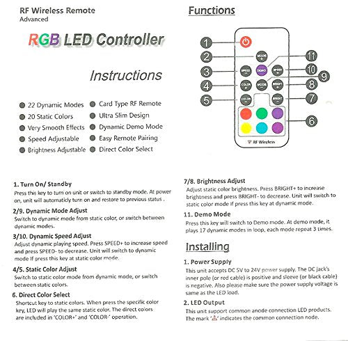 critical wireless foot pedal manual RGB LED Strip Controller – DC5V-24V 12A | Mini RF Wireless RGB Controller with 10-Key / 17-Key Remote
