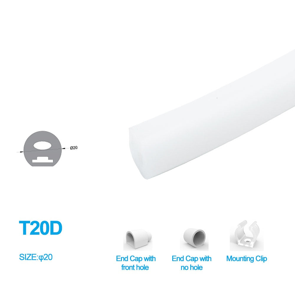 1M/5M/10M Pack of T20D LED Neon Light Housing Kit with End Caps and Mounting Clips, Flexible Neon Channel Fit for 10mm Wide LED Strip Lights