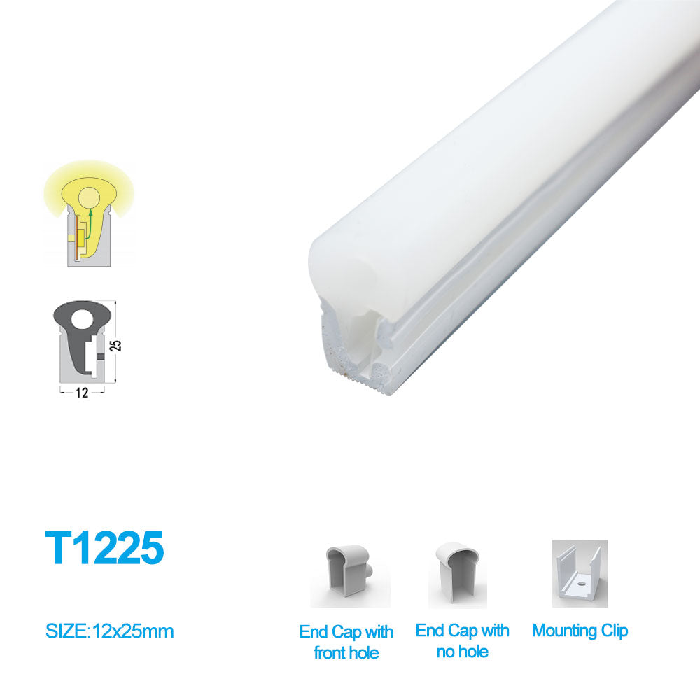 1M/5M/10M/20M  Pack of T1225 LED Neon Light Housing Kit with End Caps and Mounting Clips, Flexible Neon Channel Fit for 12mm Wide LED Strip Lights
