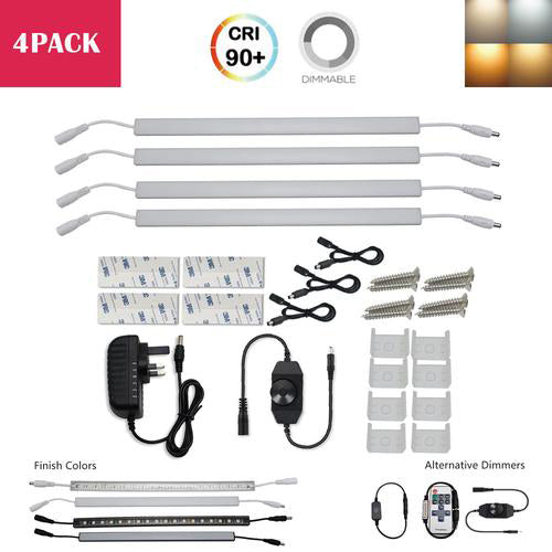 C-Series 4 Pack (4*3W) Dimmable CRI 90 Ultra Thin 12inch Linkable Linear LED Under Cabinet Lights with Dimmer & Power Adapter