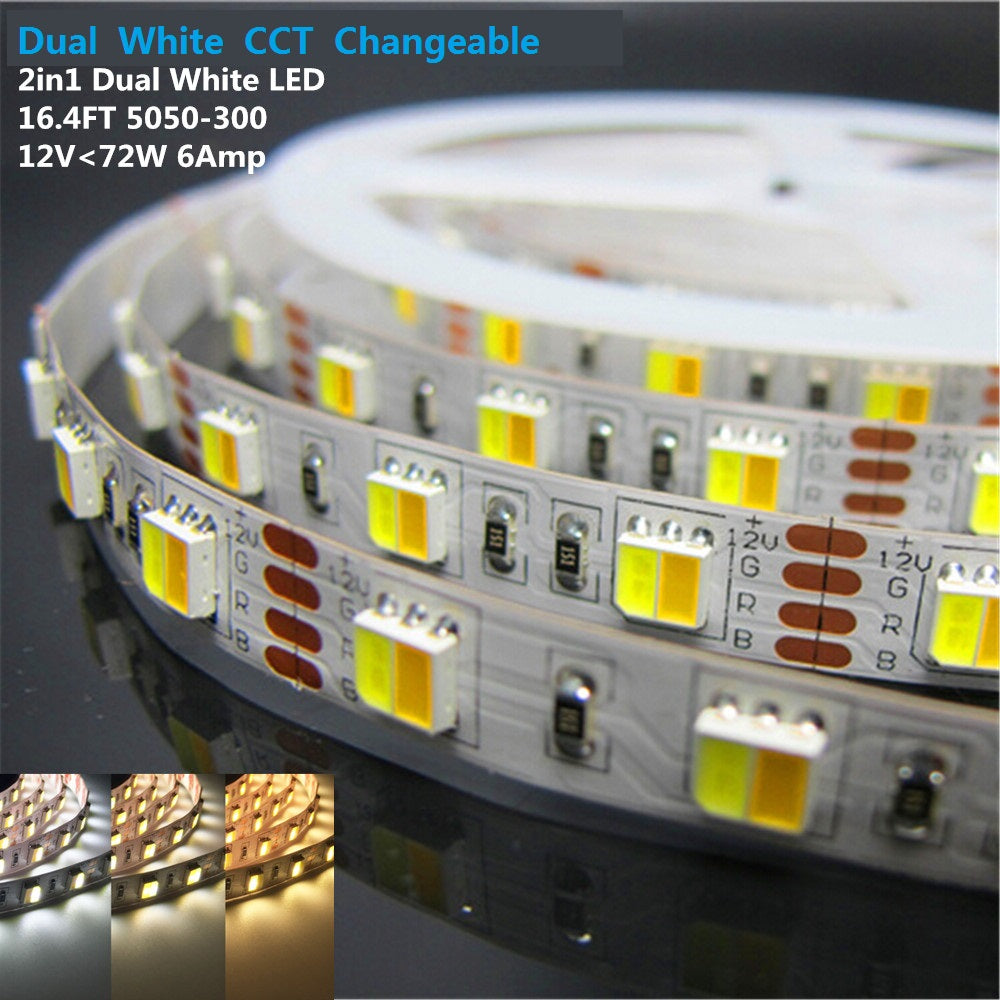 12V Dual White LED light Strip, 16.4FT/5Meter SMD5050-300 60 LEDs Per Meter 2 in 1 Color Temp-Adjustable Flexible LED Strip Light