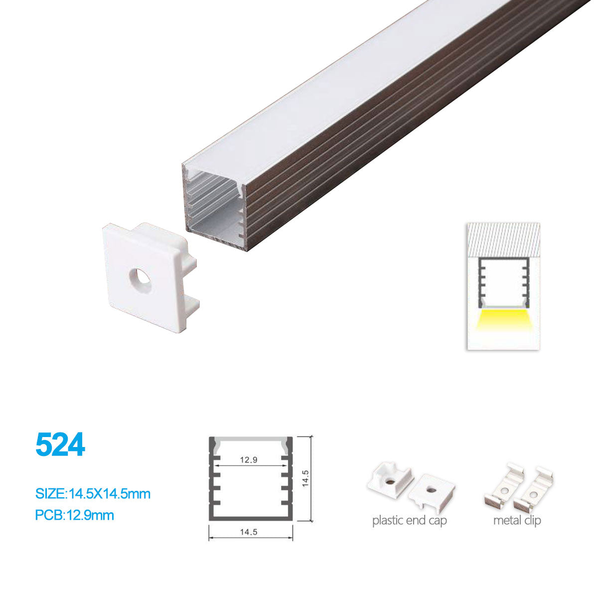 14.5*14.5MM Surface Mounted LED Aluminum Profile with Flat Cover for LED Strip Lighting System