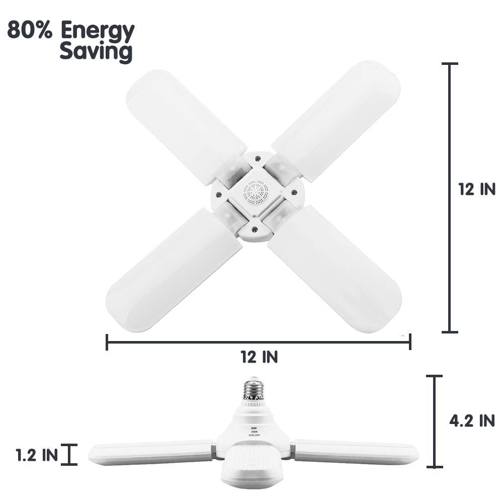 60W Deformable LED Garage Ceiling Lights 6000LM 6500K White 400W Equivalent CRI80+ E26/E27 Base