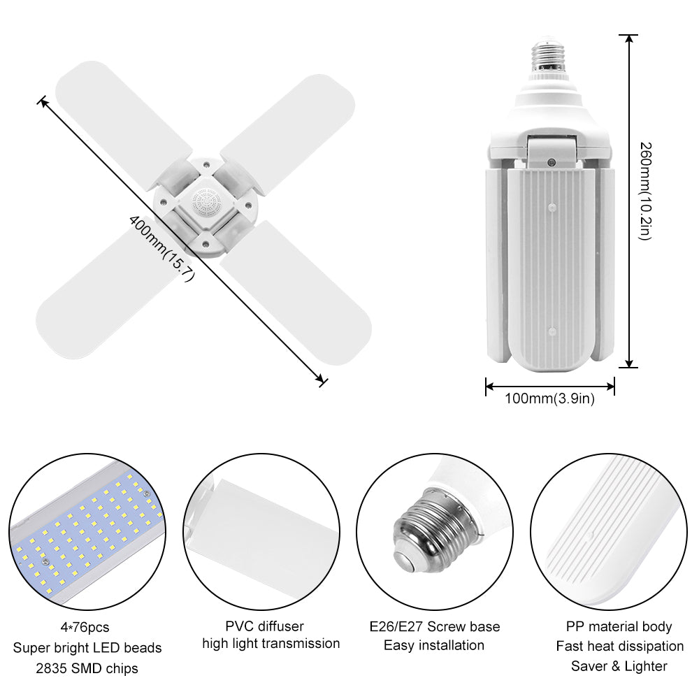 60W Deformable LED Garage Ceiling Lights 6000LM 6500K White 400W Equivalent CRI80+ E26/E27 Base