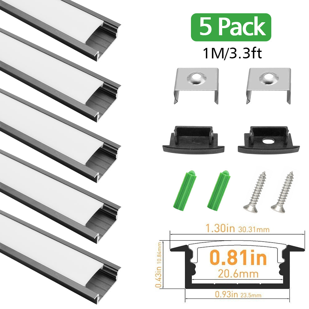 Black LED Profile U03 10x30mm U-Shape LED Aluminum Channel Kit