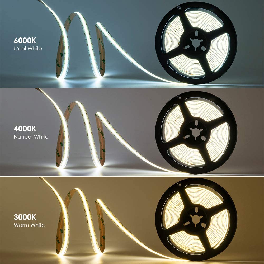 CCT Adjustable (Dual White) FCOB LED Strip Light 5M (16.4FT) | 608 LEDs/m | 14W/m | 12V/24V | 10mm Wide Flexible Dimmable LED Ribbon | IP20 Indoor Lighting (Strip Only / Complete Kit)