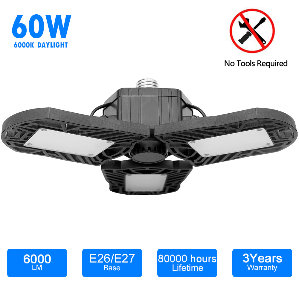 LED Garage Light 60W CRI 80 6000LM 6000K Deformable E26/E27 Base LED Ceiling Light for Garage