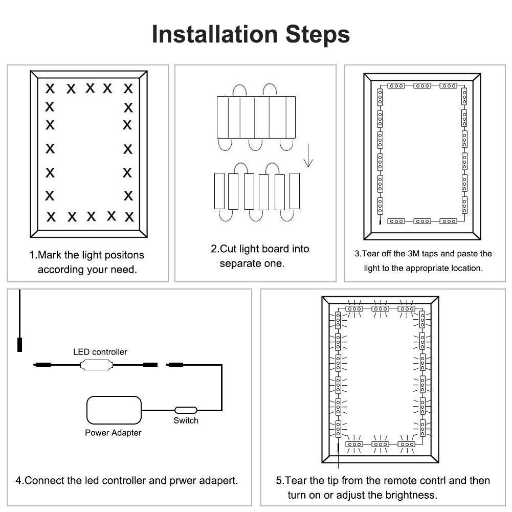 DIY Hollywood Style LED Vanity Mirror Lights Kit Dimmable Lighting, 10FT/20W-60leds, Daylight White, Waterproof IP67 with dimmable and power supply