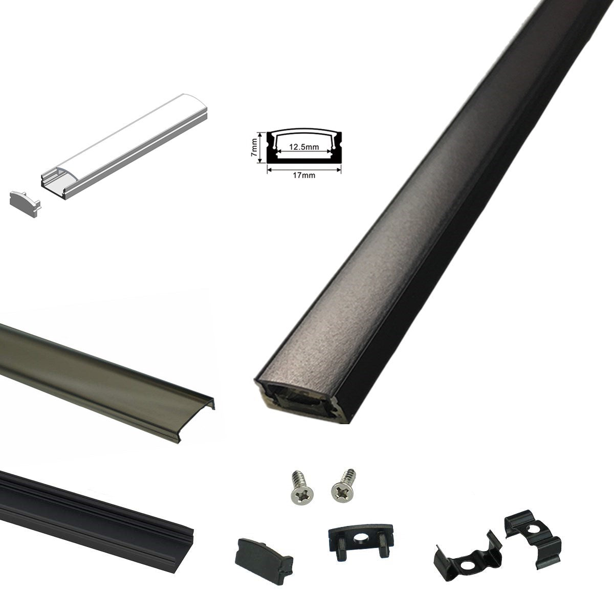 U02 All Black LED Channel System w/ Smoke Clear Black Diffuser Lens Black Aluminum Extrusion