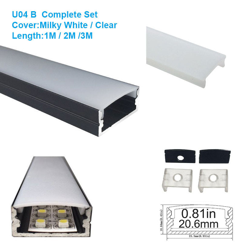 Black LED Aluminum Profile U04 10x23mm U-Shape LED Aluminum Channel System for LED Strips Installation