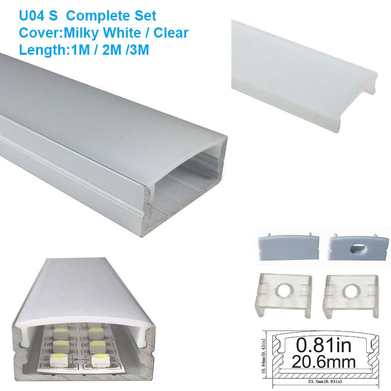 U-förmiger LED-Kanal U04-A – 20 mm | Silber / Schwarz | Milchweiße Abdeckung | Mit Installationszubehör | – Hochleistungs-Aluminiumprofil – 1 m / 2 m / 3 m | 50er-/100er-Pack