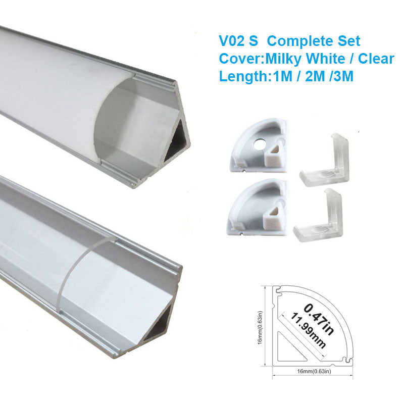 Silver Corner LED Aluminum Profile V02 16x16mm V-Shape Curved Cover Corner Mounting Aluminum Channel