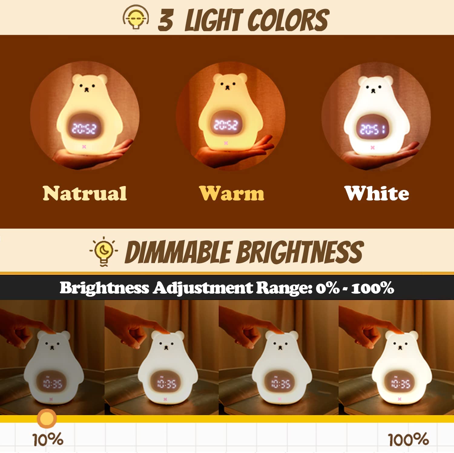 White Bear Clock and LED Night Light Rechargeable Nursery Lamp with Timer for Baby Girls Boys