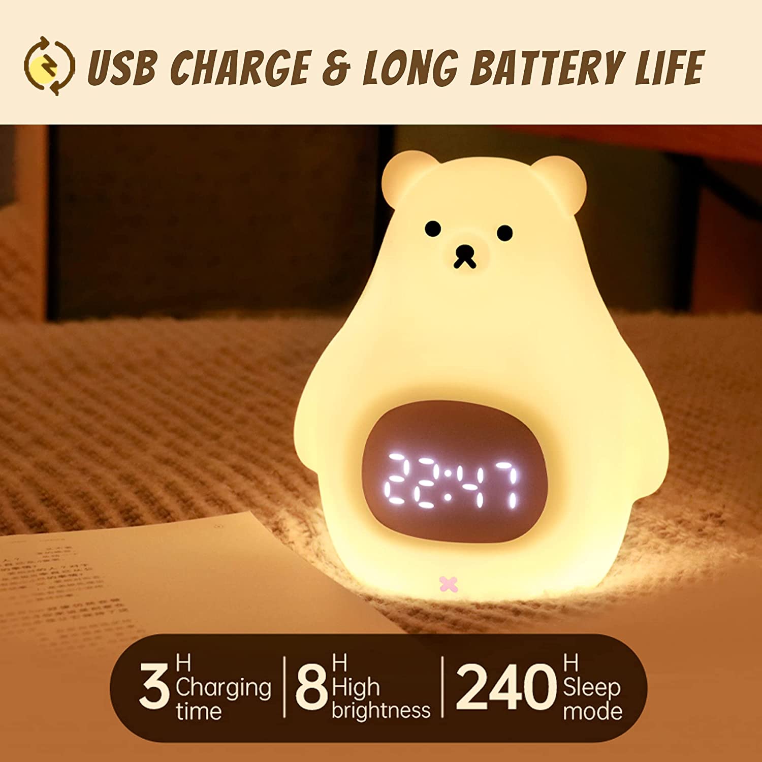 White Bear Clock and LED Night Light Rechargeable Nursery Lamp with Timer for Baby Girls Boys