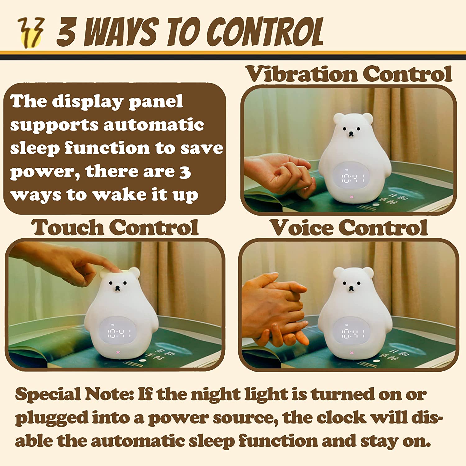 White Bear Clock and LED Night Light Rechargeable Nursery Lamp with Timer for Baby Girls Boys